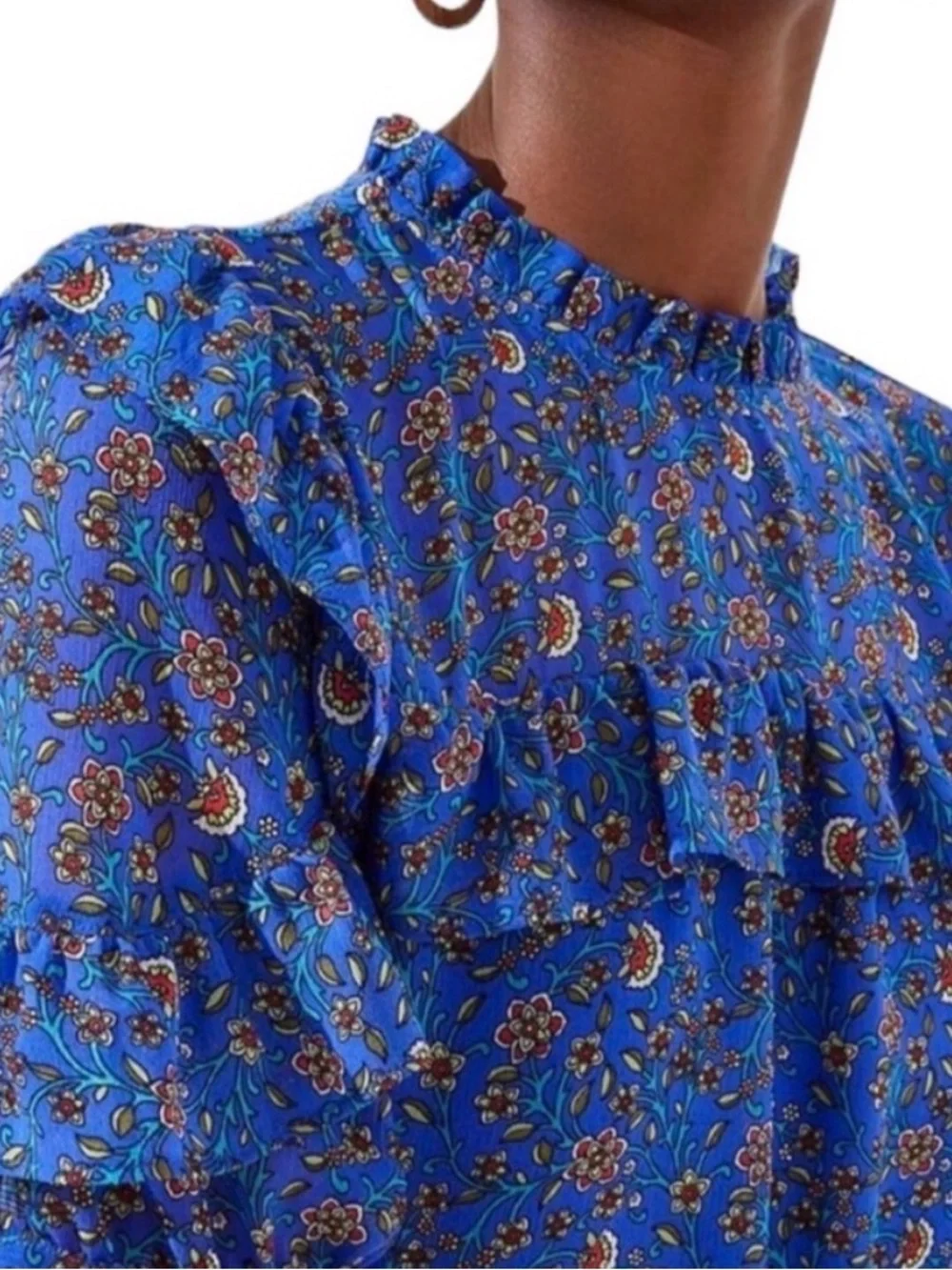 Loft Bright Blue Floral Ruffle Short-Sleeve Feminine Blouse XS